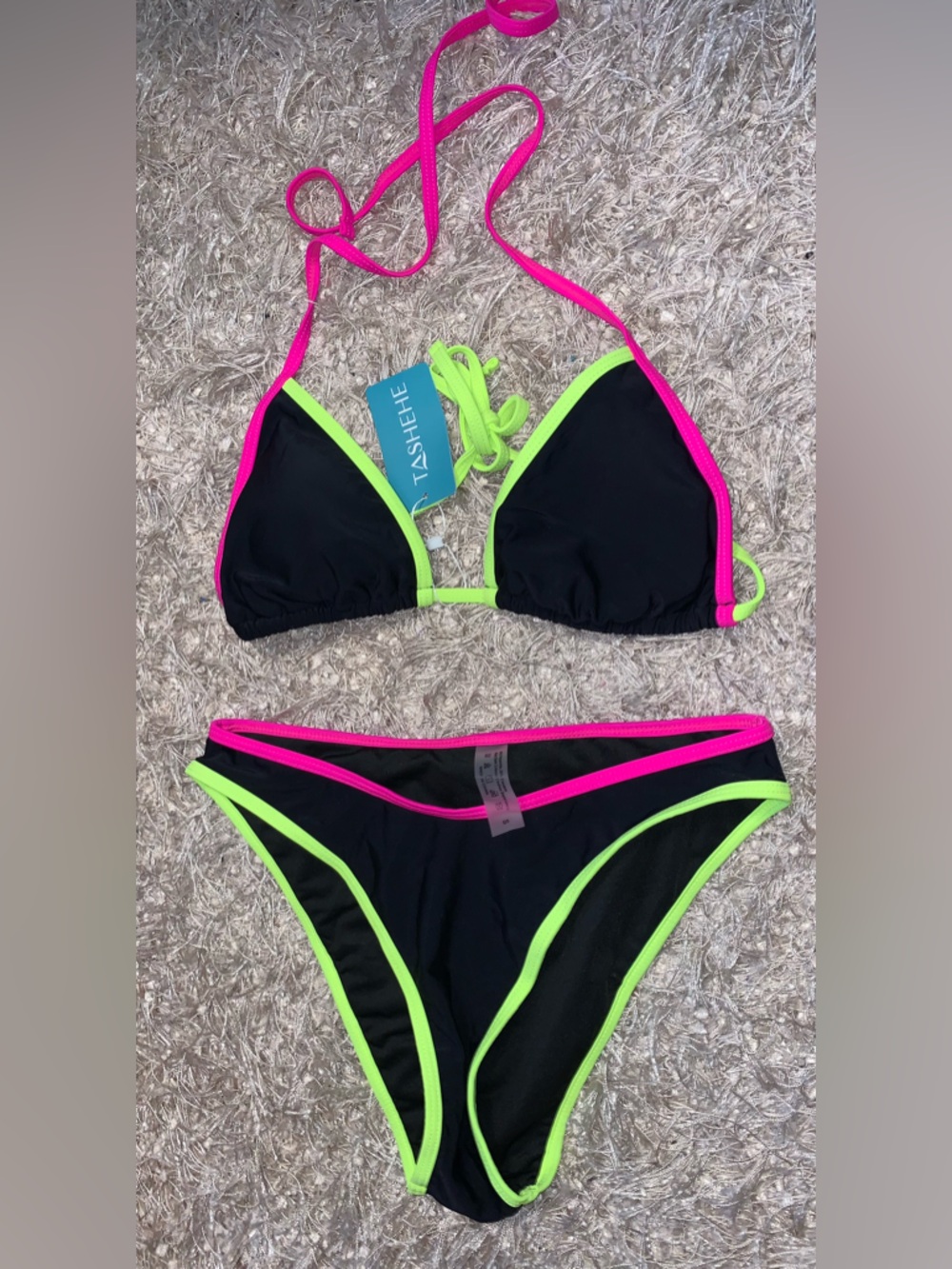 Neon Trim Black Triangle Bikini size S NWT